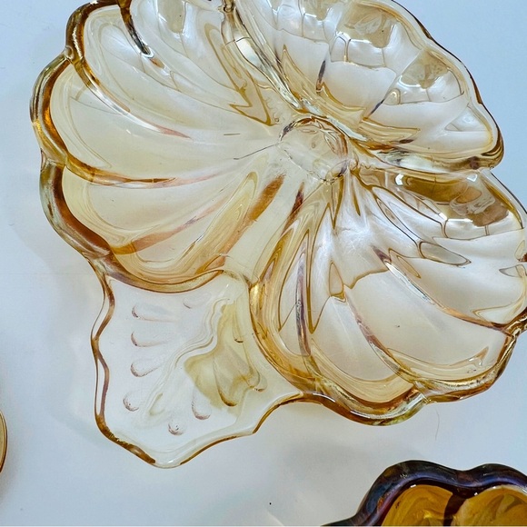 Jeanette Glass Marigold MCM Carnival Glass Candy 3-Section Leaf Clover Dish Vtg - Picture 4 of 10